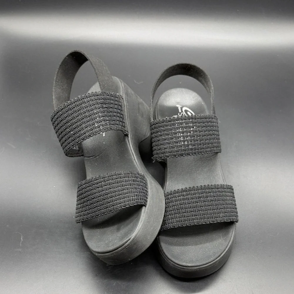 Skechers Cali Luxe Foam Black Wedge Sandals Women‎ Size 8 Elastic Straps